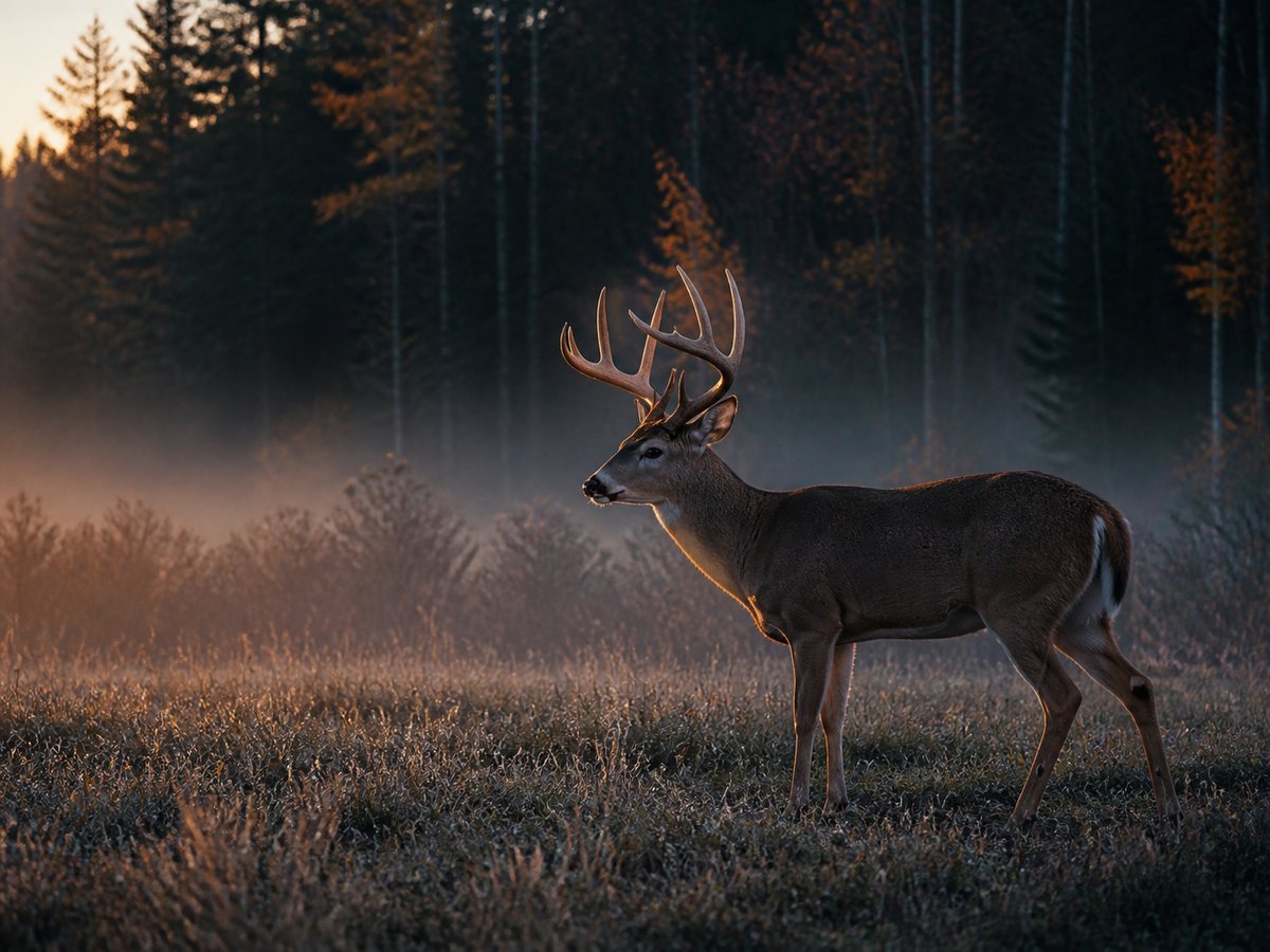 Side-profile white-tailed buck with large antlers in a woodland clearing